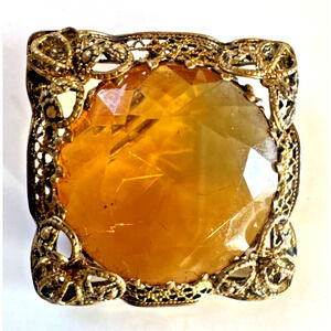 Vintage Gold Tone Antique Metal Filigree Brooch Faceted Amber Glass Stone